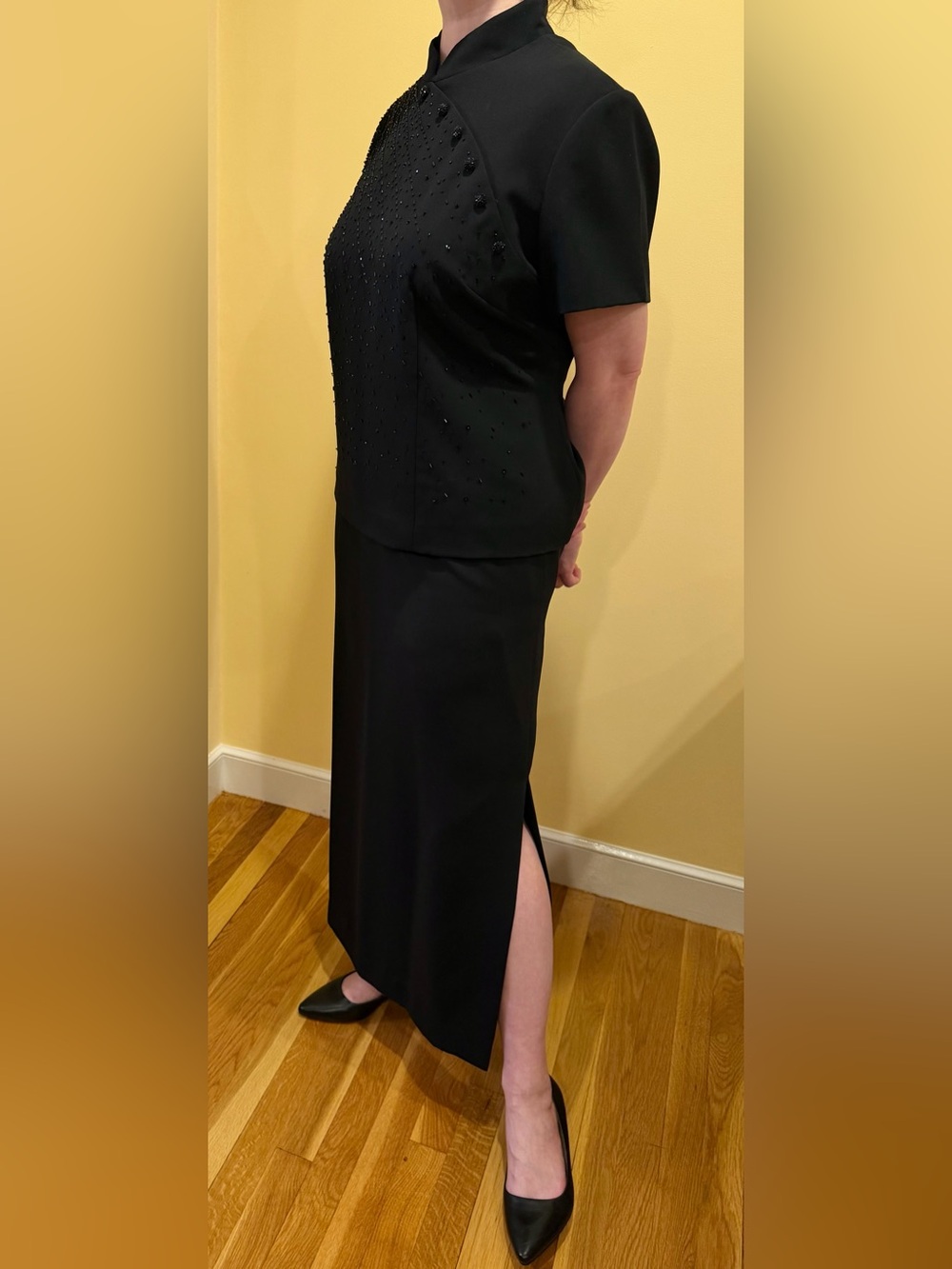 Elegant Black Vintage Special Occasion Classic Women's Maxi Mandarin Style Suit